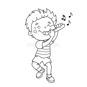 卡通男孩吹长笛的着色页面轮廓照片