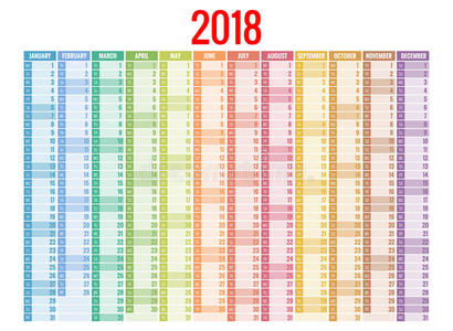 2018年日历。 打印模板。 星期从星期天开始。 肖像定向。 一套12个月。 计划2018年。