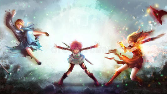 武侠日本漫画幻想概念中一个武侠女孩向女巫和女巫施展魔法力量的卡通