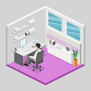 平面三维等距抽象办公楼层内部部门的概念。