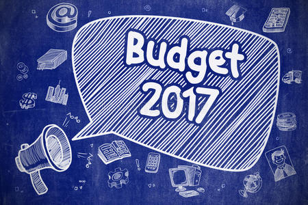 预算2017蓝色黑板上的卡通插图。