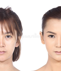 亚洲女人化妆前后的发型。 不润色，