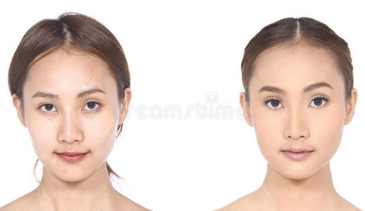亚洲女人化妆前后的发型。 不润色，