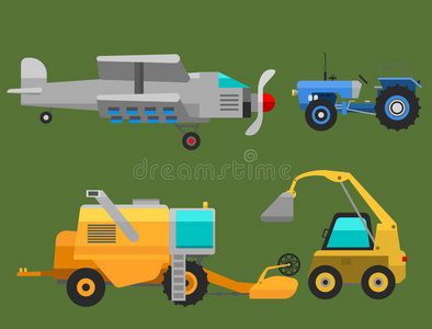 农用车辆和收割机联合收割机和挖掘机图标集，带有用于犁地和割草的附件