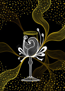 美丽的抽象酒杯与花边花蝴蝶结金白色的黑色