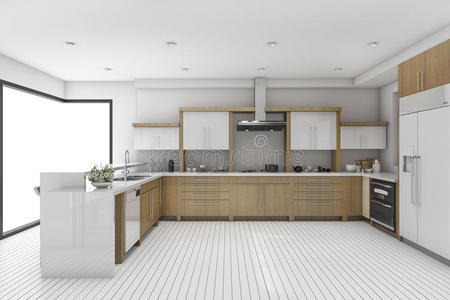 三维渲染白色老式厨房和餐厅