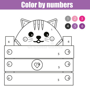 用可爱的猫角色着色页面。 颜色按数字教育儿童游戏，绘画儿童活动。