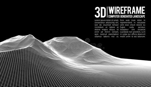 抽象矢量线框景观背景。 网络空间网格。 三维技术线框矢量插图。 数字