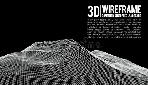 抽象矢量线框景观背景。 网络空间网格。 三维技术线框矢量插图。 数字