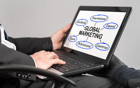 笔记本电脑上的全球营销概念