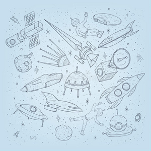 手绘卡通太空行星,航天飞机,火箭,卫星,宇航员等元素.