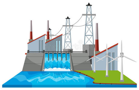 带有风力涡轮机的大坝场景卡通场景中两个穿着考究的女孩在老式厨房里