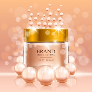 桃子背景上有珍珠和气泡的美容霜。 化妆品行业的护肤品广告理念