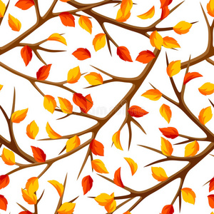 秋天的无缝图案，有树枝和黄叶。 季节性插图