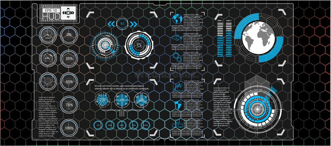 具有HUD不同元素的抽象背景。 HUD元素，graph.vector插图.抬头显示