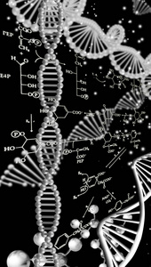 黑色背景上有化学式的DNA链。