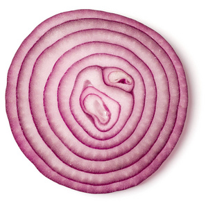 Slice of red Onion isolated on white background. Top view, flat 