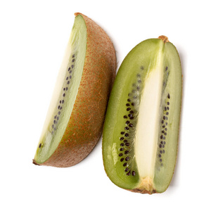 Cut along two slices of kiwi fruit isolated on white background 