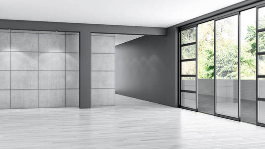 一个白色的空斯堪的纳维亚房间的想法三维室内插图
