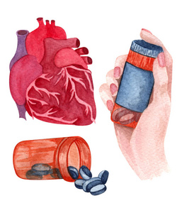   Watercolor set of heart diseases,  pills, womans hand holding