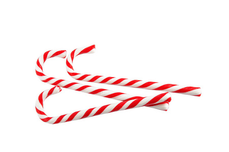 白色背景糖果手杖，俯视图。传统圣诞大餐
