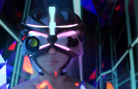 戴着霓虹灯背景头盔的未来科幻女性脸。