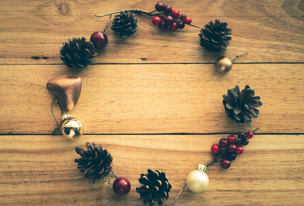 Christmass decoration set place on wooden table from top view 