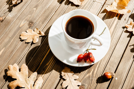 美丽的秋天构图与一杯咖啡和秋天的叶子在乡村树的背景。秋季季节的概念