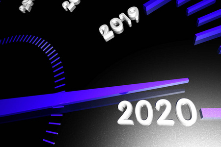 汽车倒计时即将到来的2020年新年的数字显示在速度表表面,一个箭头向