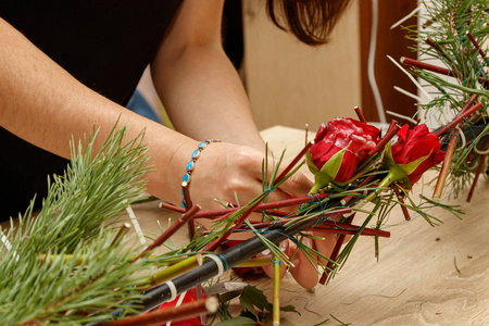 Christmas composition of fresh flowers 