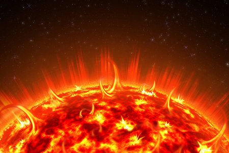 恒星,太阳风暴.太阳在等离子体背景空间中的能量.三维插图照片