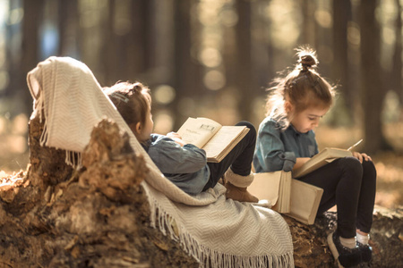 两个小女孩在树林里看书。