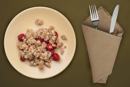  muesli on a beige plate on a green brown background. granola wi