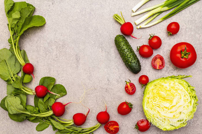 各种新鲜有机蔬菜食物烹饪石背景健康素食主义者素食主义者的饮食理念