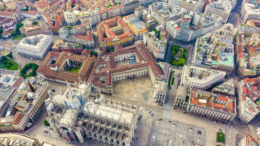 Milan, Italy. Roofs of the city aerial view. Cloudy weather, Aer