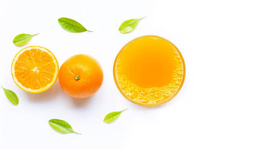 Glass of fresh orange juice on white background. 