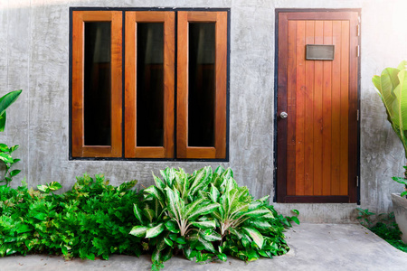 Wooden door and window with small garden at home.  