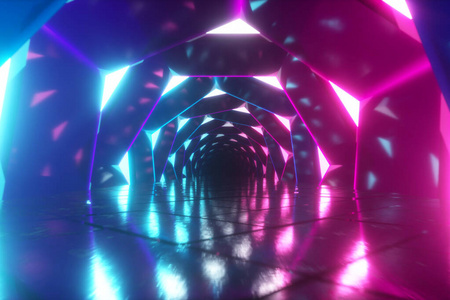 飞过一个发光的霓虹灯走廊旋转的六边形。蓝红粉紫光谱，隧道内的荧光紫外线灯，现代彩色照明，3d插图