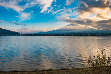 Japan landscape with Mount Fuji and Lake Kawaguchi 
