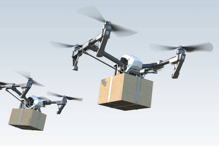 现代现实的无人机四旋翼机通过空中向买家交付包裹。三维渲染
