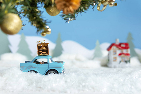 雪天的大自然，载着圣诞树的汽车。