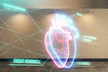 在空房间内背景上的心画全息图的双重曝光。医学教育理念。