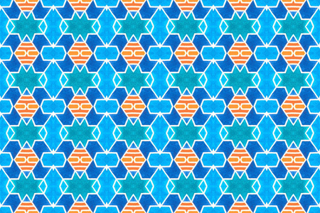 水彩无缝几何图案。蓝色，橙色，白色