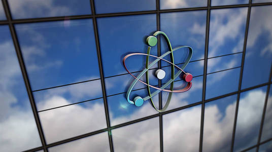 原子符号玻璃摩天大楼与镜像天空插图
