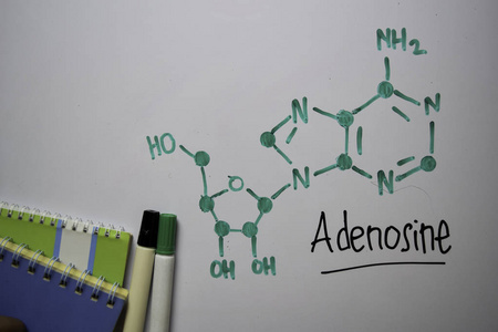 腺苷分子写在白板上。结构化学式。教育理念