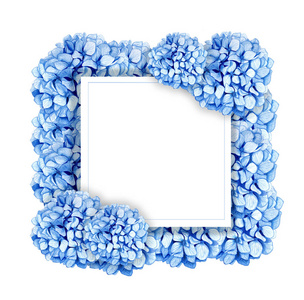 白色背景上柔和的蓝色绣球花。手绘插图。结婚相框。带有蓝色花瓣和花卉元素的花束。