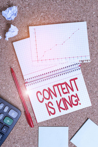 手写文字书写内容为王。概念意味着市场营销的重点日益增长的知名度非付费搜索结果办公桌笔记本纸办公室纸板学习用品表图表。
