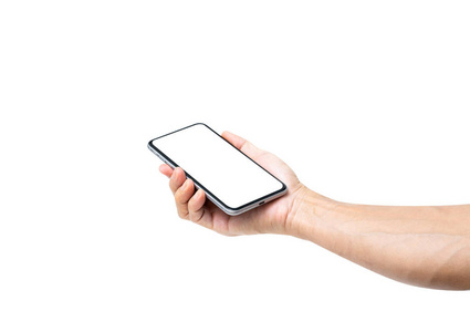 Man hand holding black smartphone isolated on white background, 