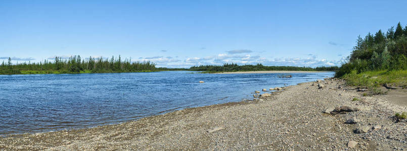 Panorama. Summer landscape of the northern river. 
