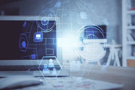 桌面电脑带有社交网络主题图标.多重曝光.国际联系的概念.照片